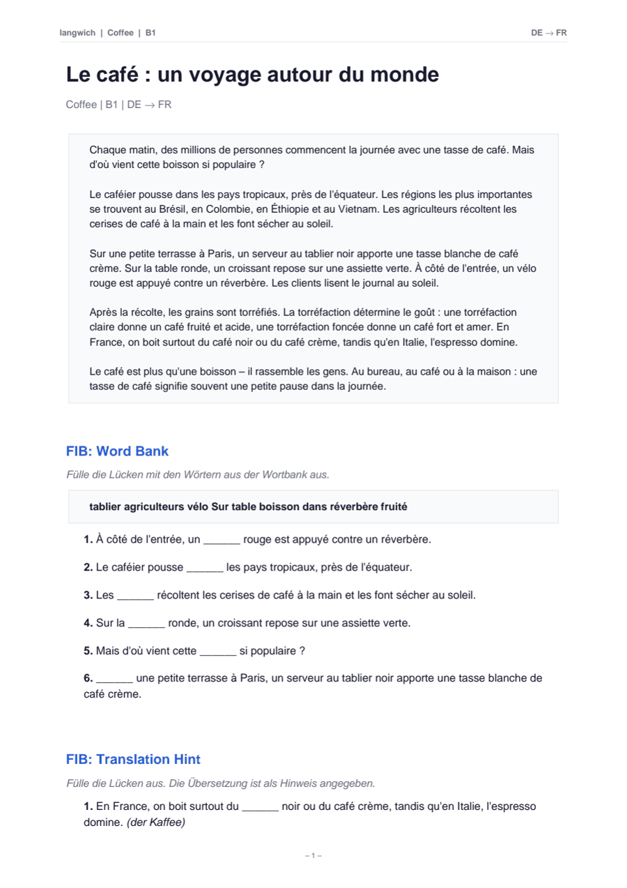 First page of the German-to-French coffee worksheet: the same topic with a French reading text and German instructions.