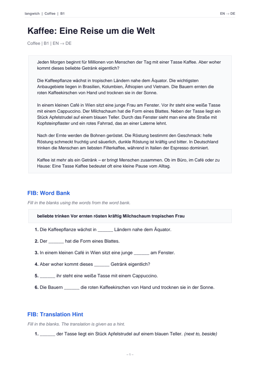 First page of a generated worksheet: a German B1 reading text about coffee, followed by a fill-in-the-blanks exercise with a word bank.
