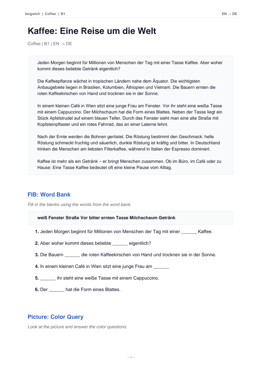 First page of a generated worksheet: a German B1 reading text about coffee, followed by a fill-in-the-blanks exercise with a word bank.